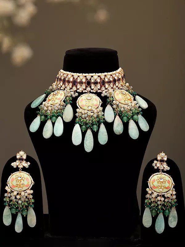 Meenakari Floral Choker Necklace Set with Cascading Stones Drops and Earrings