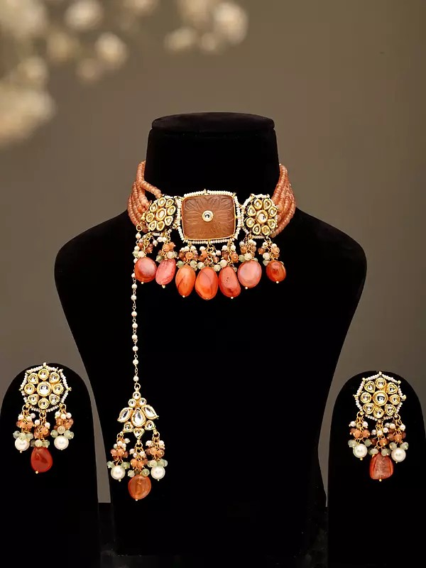 Multiple Orange Stone Beaded Strands Choker Necklace with Earrings and Mangtika