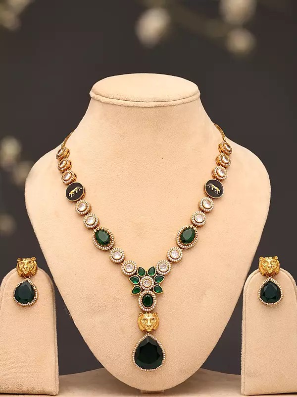 Stone Studded V-Shaped Statement Necklace and Earrings Set