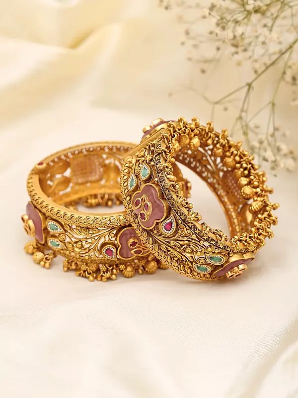 Ornate Openable Bangles with Enamelled Floral Work and Ghungroo Danglers (Set of 2)