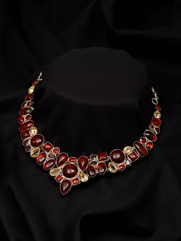 Cabochon Amber Statement Necklace with Citrine and Garnet
