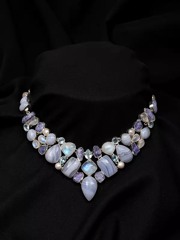 Blue Lace Agate Necklace with Moonstone, Tanzanite and Blue Topaz
