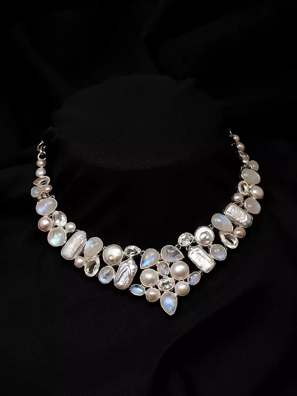 Cabochon Moonstone Bib Necklace with Pearl and White Topaz