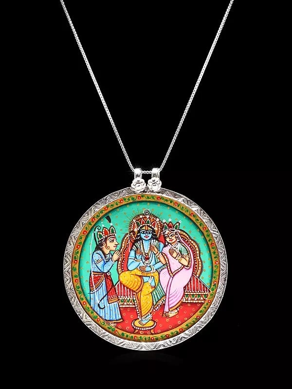 Round Shape Hand-Painted Ram Sita Pendant