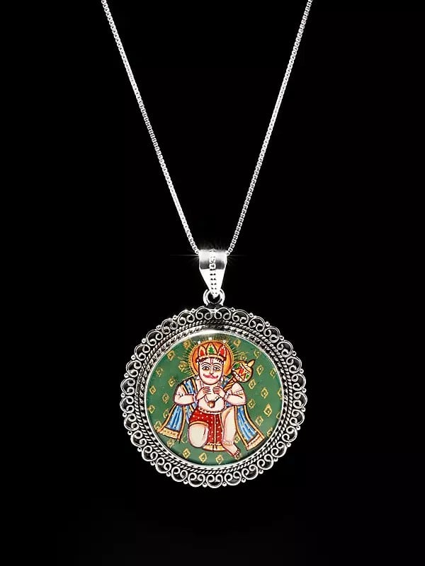 Round Shape Sterling Silver Filigree Hand Painted Lord Hanuman Pendant