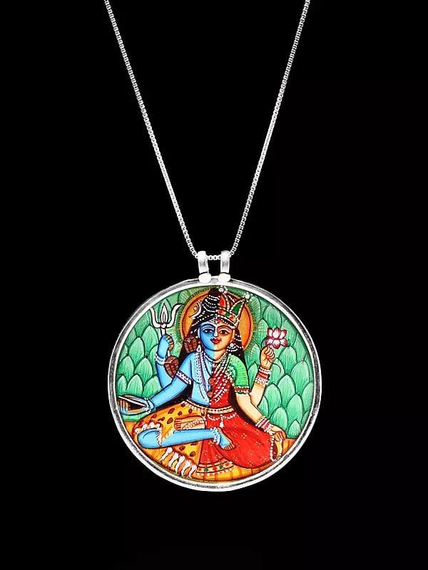 Round Shape Hand Painted Ardhanarishvara (Shiva Shakti) Pendant