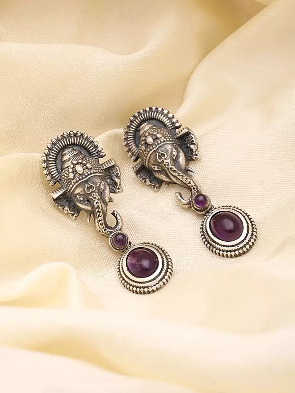 Lord Ganesha Oxidized Silver Earrings with Drop Gemstone
