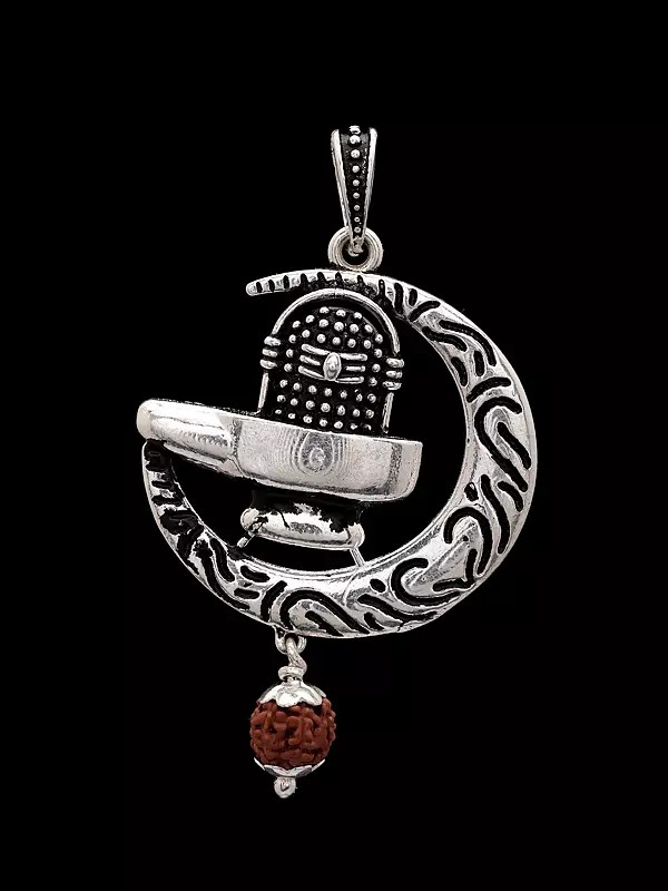 Shivalinga & Crescent Moon Silver Pendant with Rudraksha
