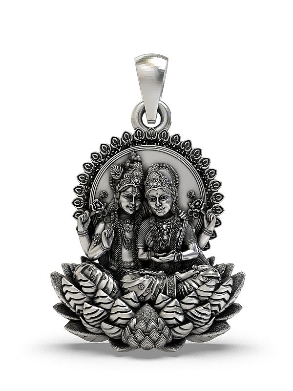 Lakshmi Narayan Sitting on Lotus - Sterling Silver Pendant
