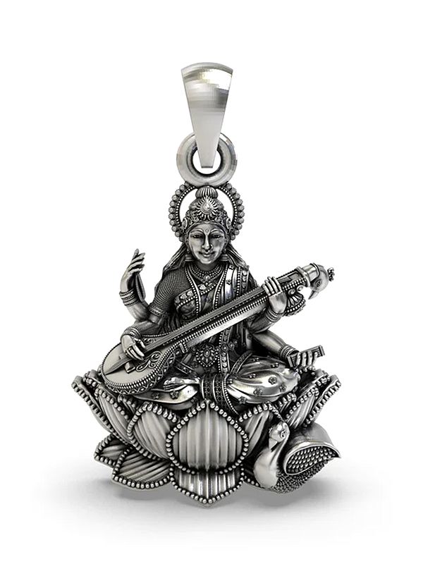 Goddess Saraswati Playing Veena on Lotus