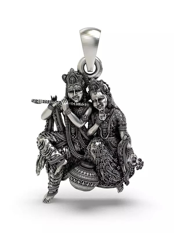 Radha Krishna Sitting Together with Flute and Butter Pot Pendant