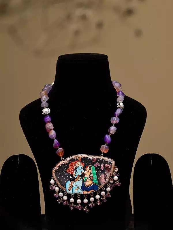 Radha Krishna Art Pendant Necklace with Stone Beaded Chain