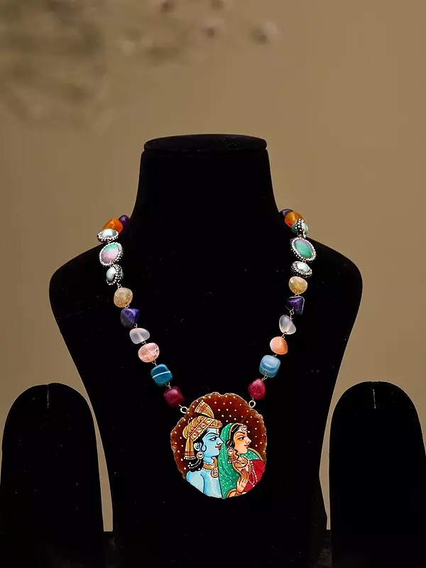 Radha Krishna Art Pendant with Multicolor Stone Beaded Necklace