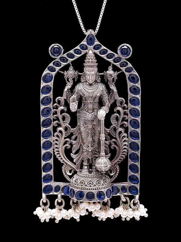 Lord Vishnu Oxidised Silver Temple Pendant with Pearl Drops