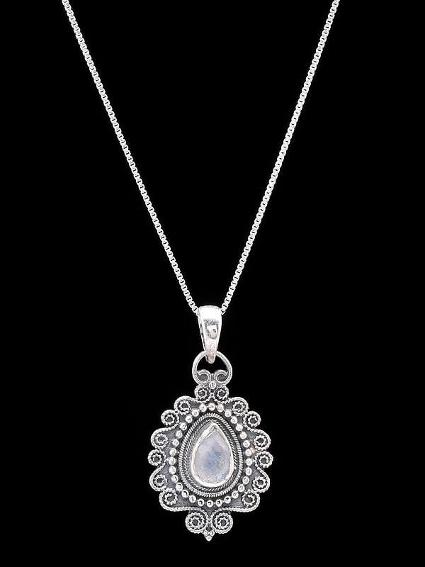 Sterling Silver Pendant with Tear-drop Shape Rainbow Moonstone