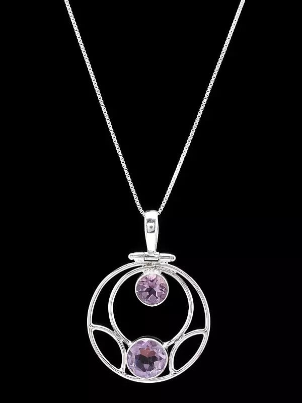 Round Shape Sterling Silver Pendant with Duplet Faceted Amethyst