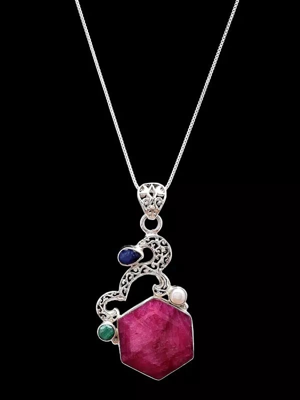 Hexagon Shaped Ruby Pendant with Blue Sapphire and Emerald