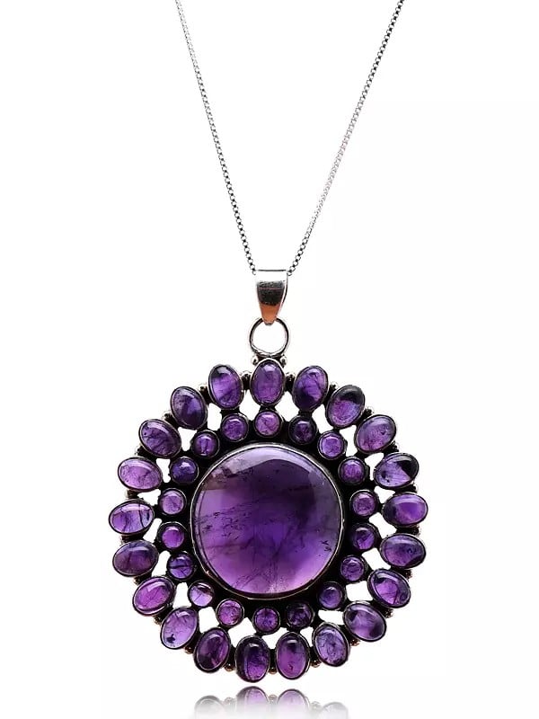 Floral Design Sterling Silver Pendant with Amethyst Gemstone