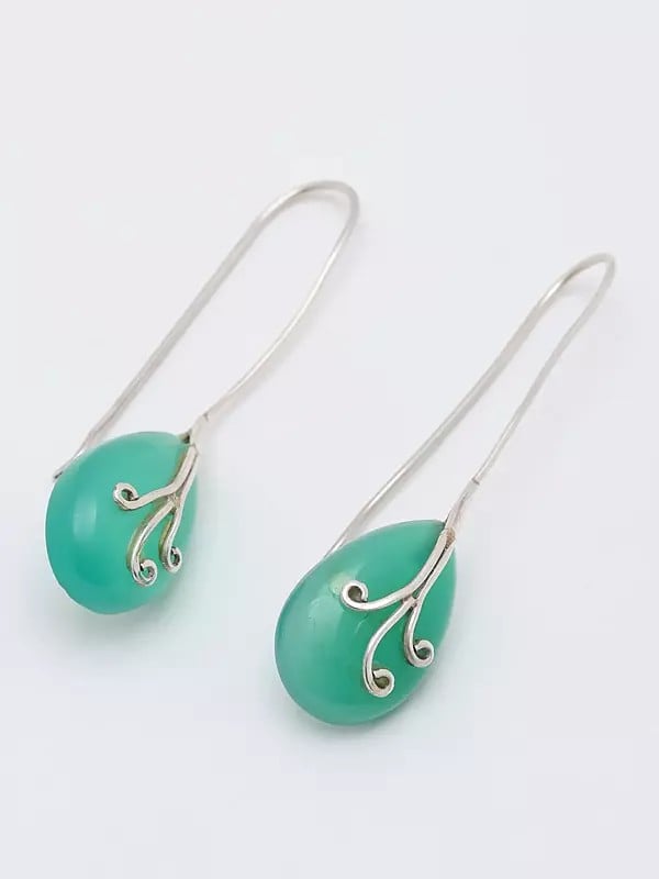 Pear Shaped Green Onyx Long Hook Earrings