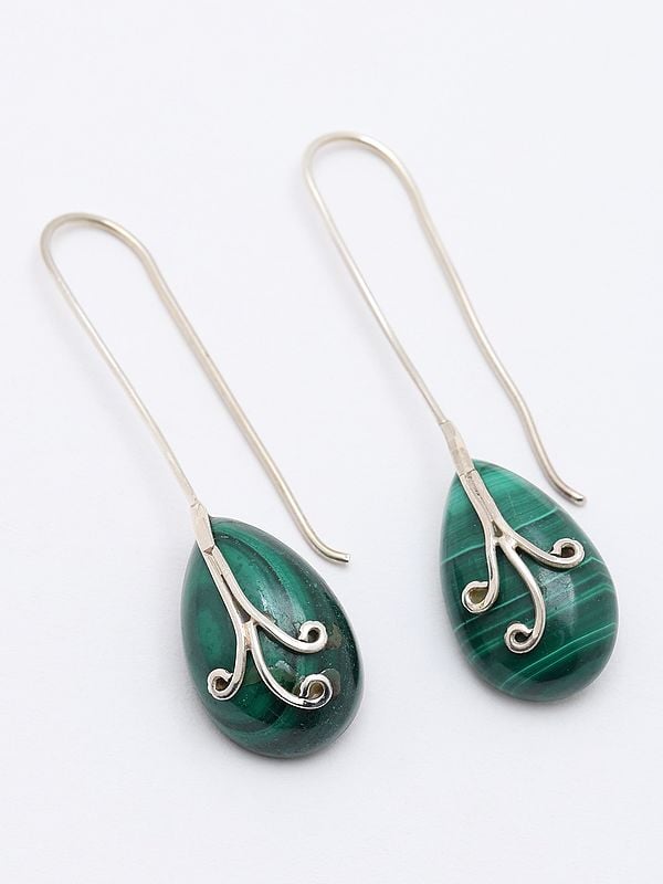 Pear Shaped Malachite Long Hook Earrings