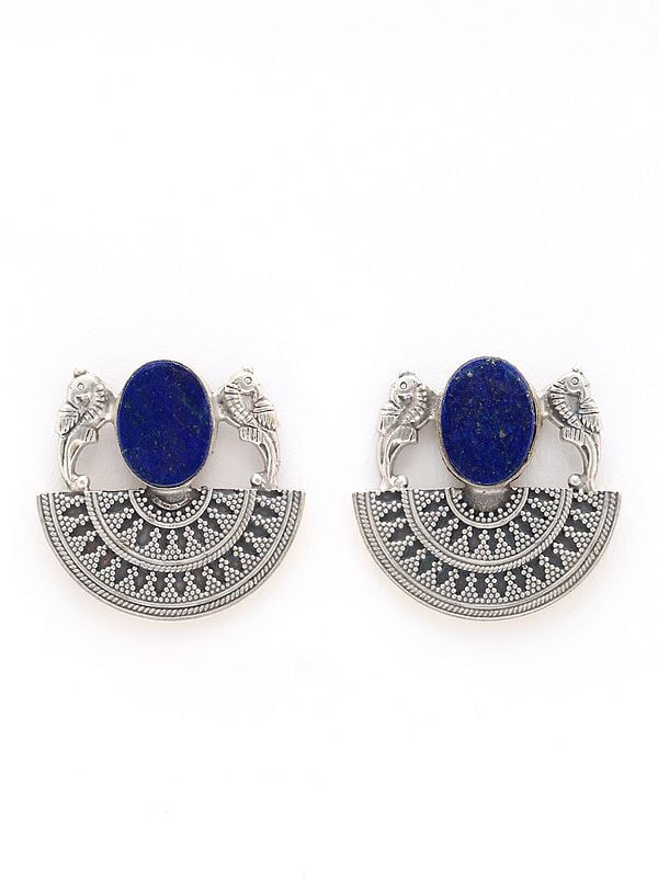 Oval Lapis Lazuli Earrings with Semi-circle Mandala & Peacocks