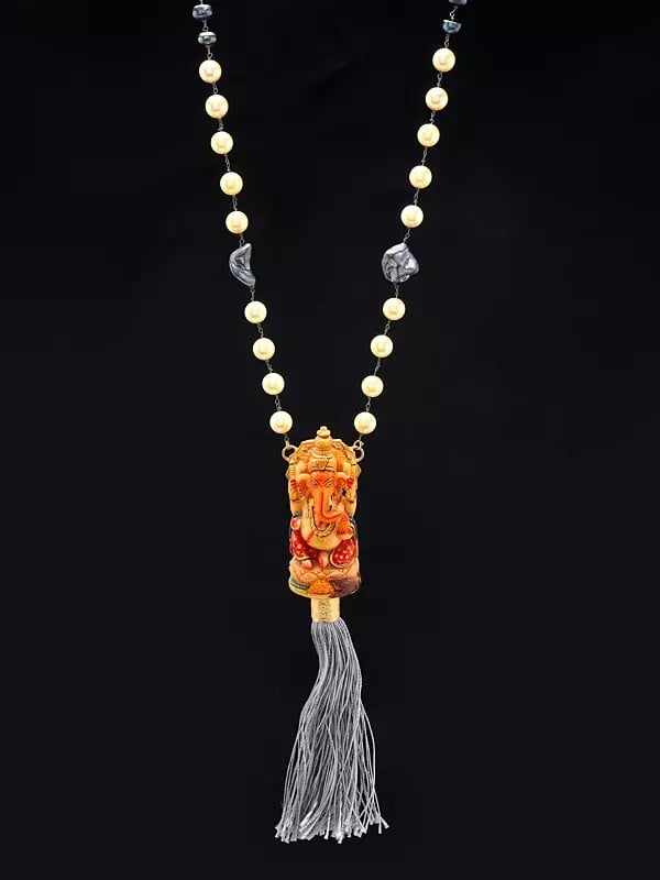 Chaturbhuja Lord Ganesha Long Necklace with Pearls and Hematite