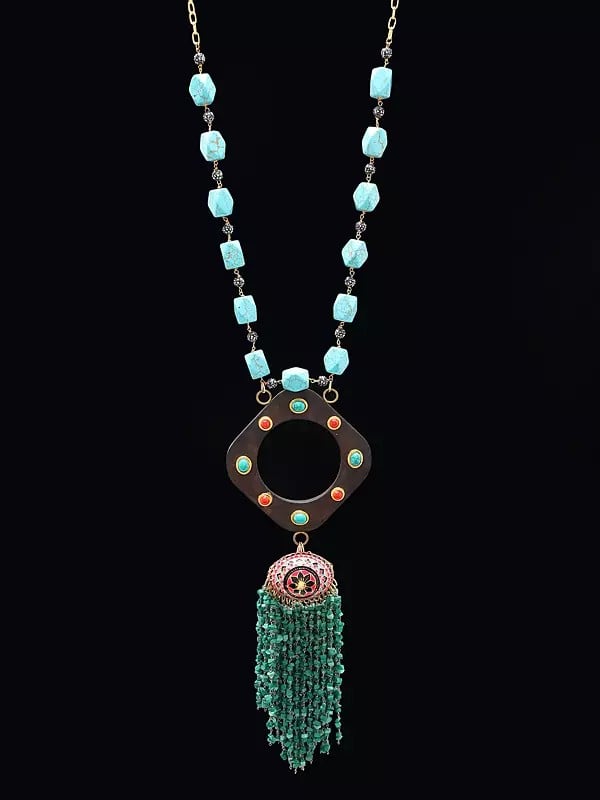 Long Counterfeit Turquoise Necklace with Fringes