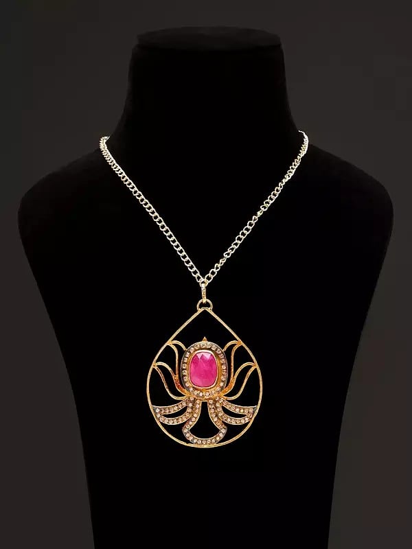 Brass Lotus In Tear Drop Shape Pendant with Ruby and CZ