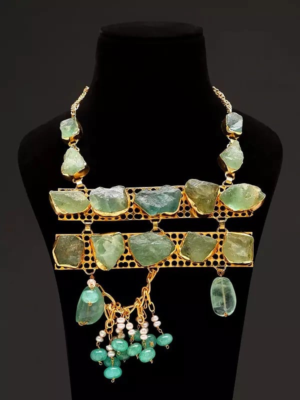 Raw Green Aquamarine Necklace with Dangling Jade and Pearls