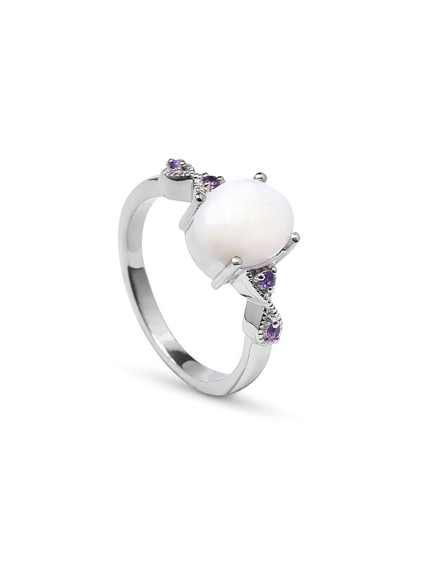 Sterling Silver Ring with Oval Shape White Opal and Amethyst