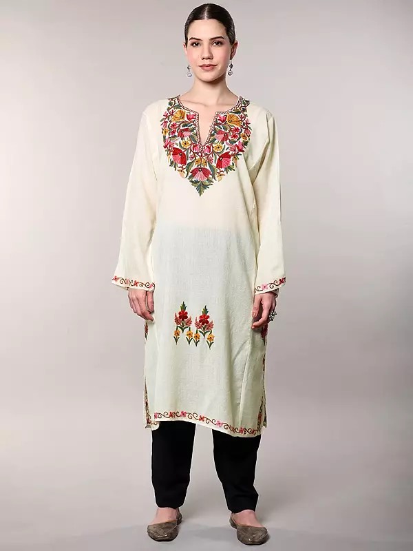 Cannoli-Cream Kashmiri Phiran with Side Pockets and Aari Floral Embroidered