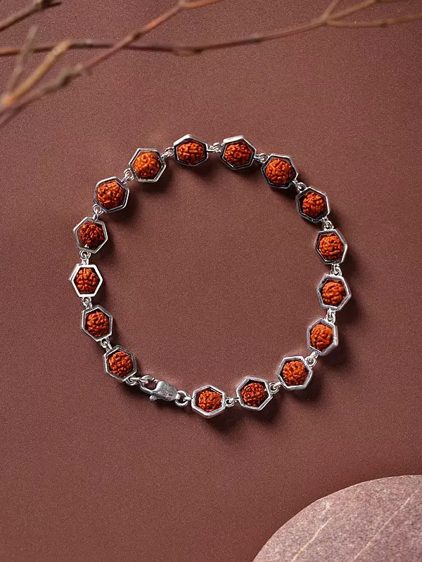 Hexagonal Shape Sterling Silver Bracelet with Genuine Certified Rudraksha Beads