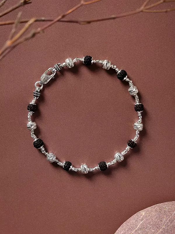 Sterling Silver Bracelet with Genuine Certified Rudraksha & Textured Silver Beads