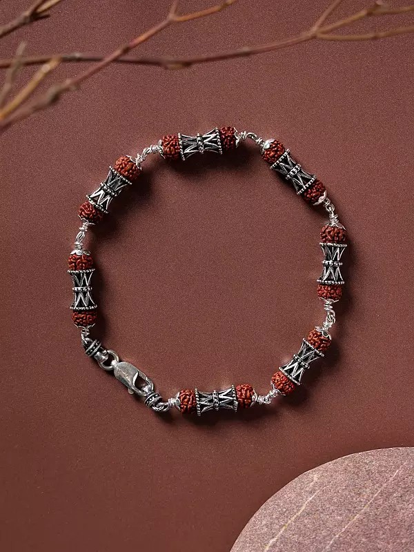 Genuine Certified Rudraksha and Sterling Silver Damru Bead Bracelet