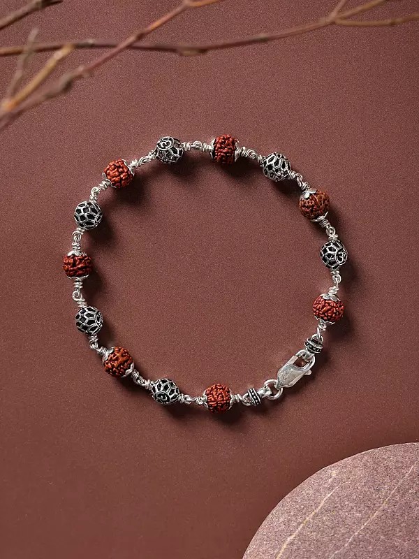 Genuine Certified Rudraksha and Sterling Silver Lattice Bead Bracelet