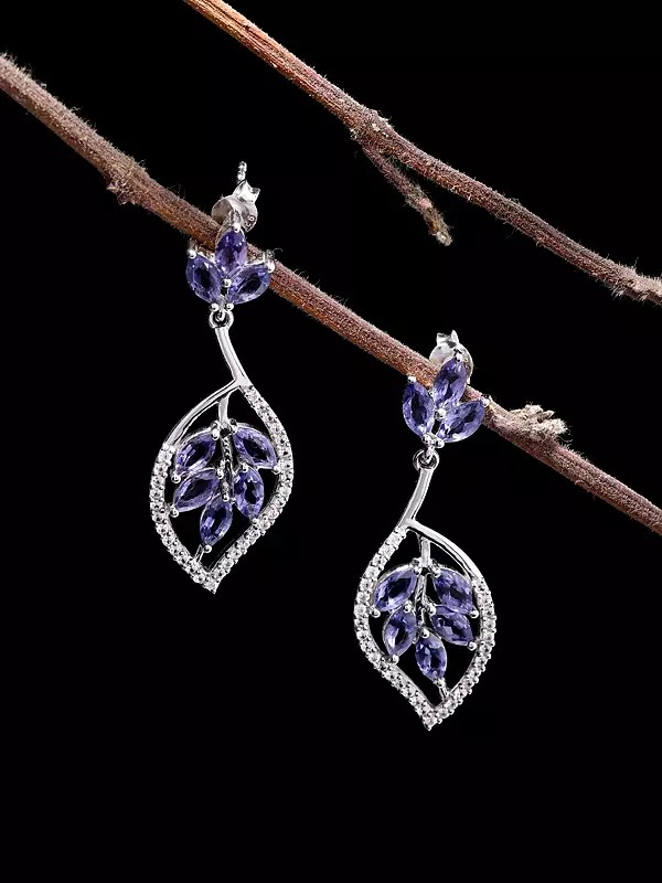 Tanzanite Leaf Vine Drop Earrings with Cubic Zirconia