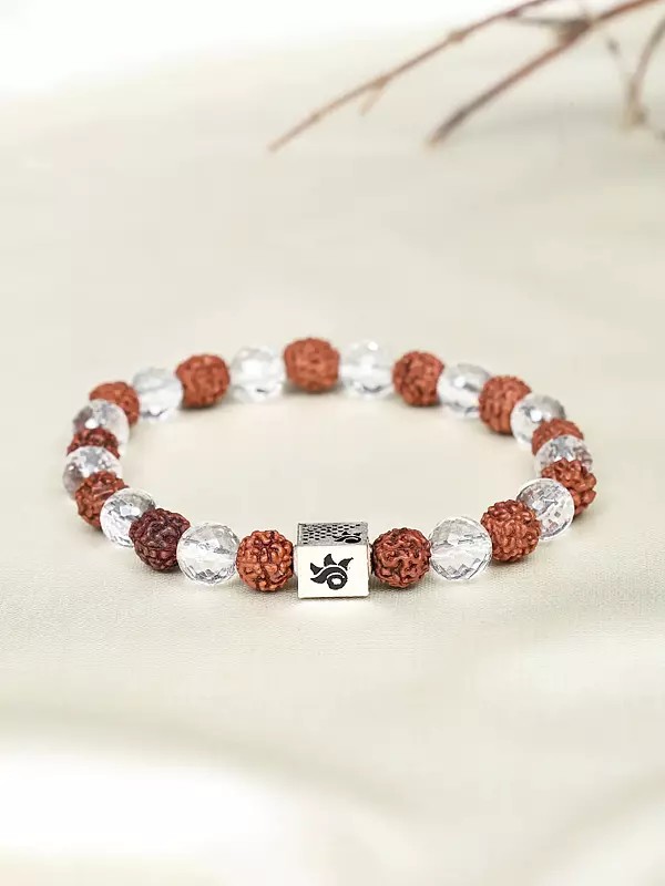 Genuine Certified Rudraksha and Faceted Clear Quartz Stretch Bracelet