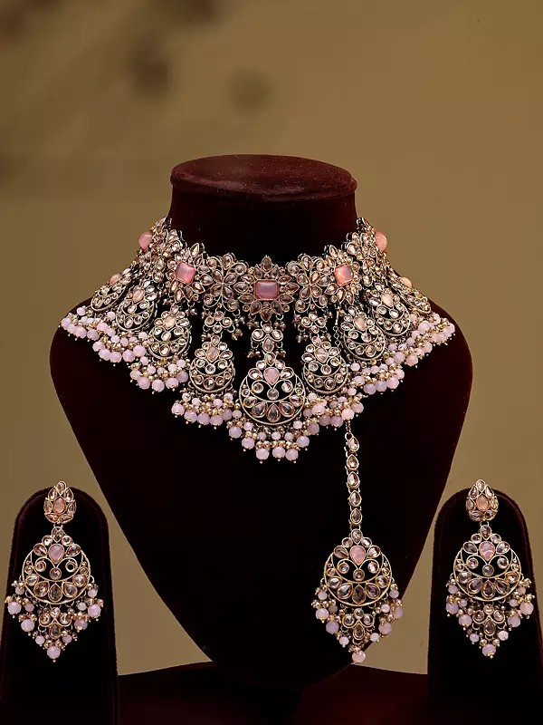 Blush Pink Floral Choker Set with Chandbali Earrings and Mangtika