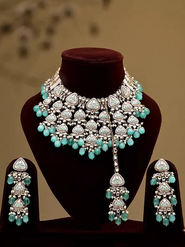 Mint Green Choker Necklace Set with Earrings and Mangtika