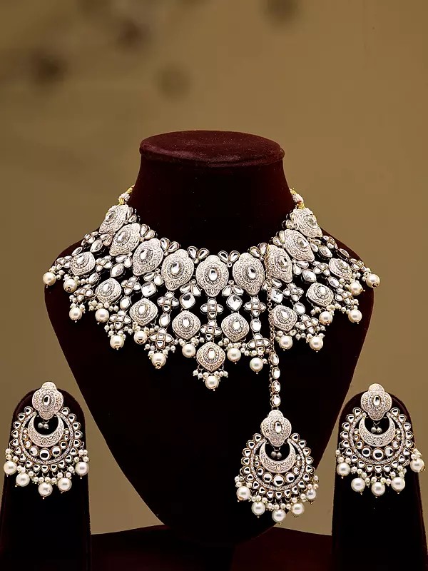 Ivory Enamel Choker Set with Chandbali Earrings and Mangtika