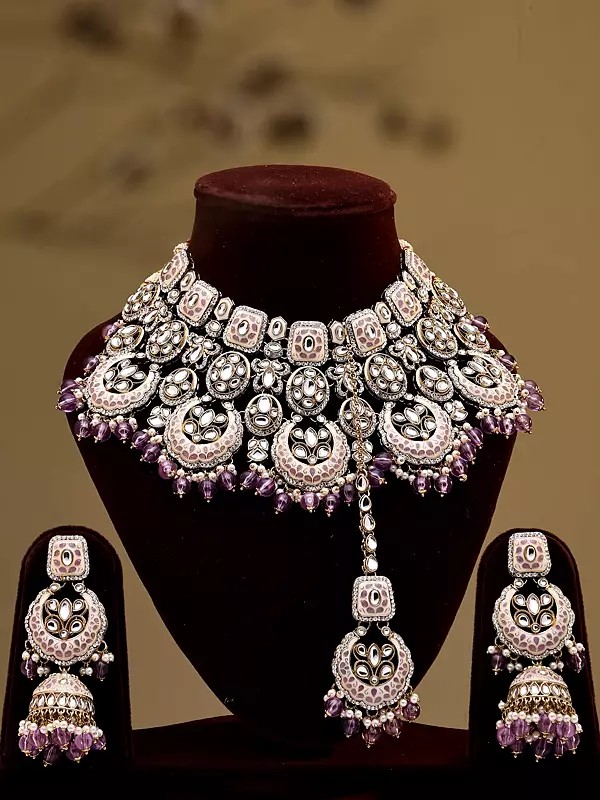 Lavender Choker Necklace Set with Jhumka Earrings and Mangtika