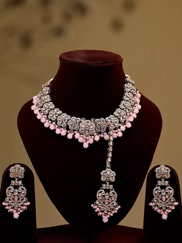 Pink Stone-Studded Floral Necklace Set with Earrings and Maang Tikka