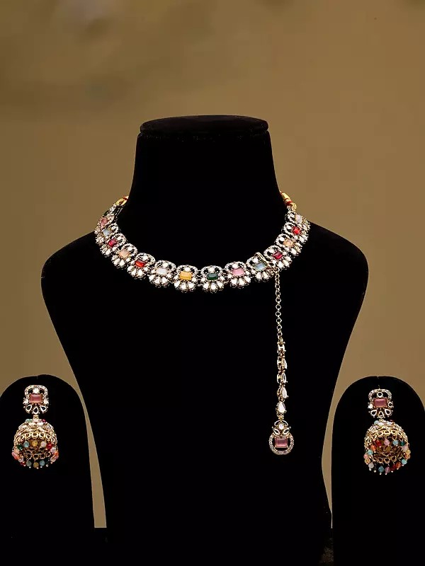Multicolor Stone Studded Necklace Set with Jhumka Earrings and Mangtika