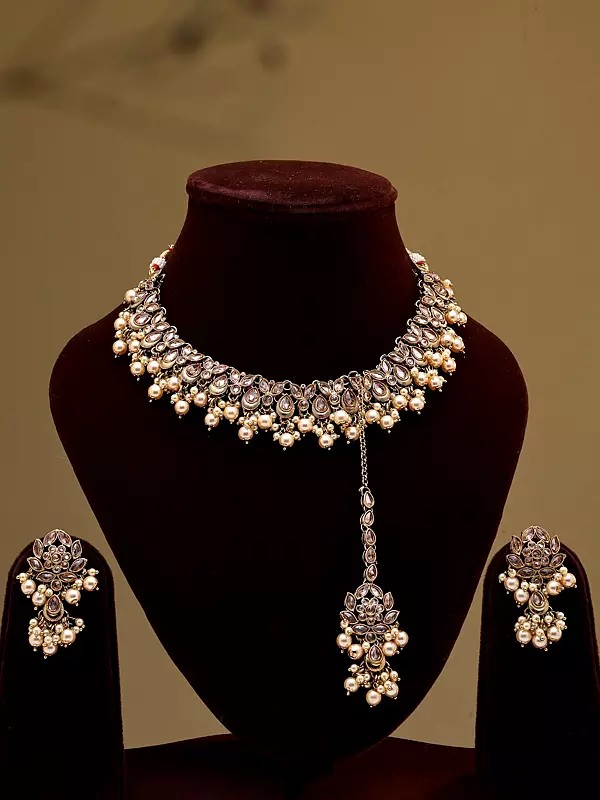 Stone Studded Pearl Drop Necklace Set with Earrings and Mangtika