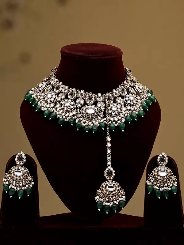Stone Studded Necklace, Earrings and Mangtika Set with Deep Green Beaded Drops