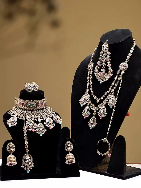 Traditional Pastel Stone Studded Kundan Bridal Jewelry Set