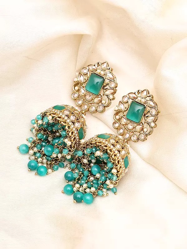 Green Kundan Jhumka Earrings with Pearl & Bead Drops