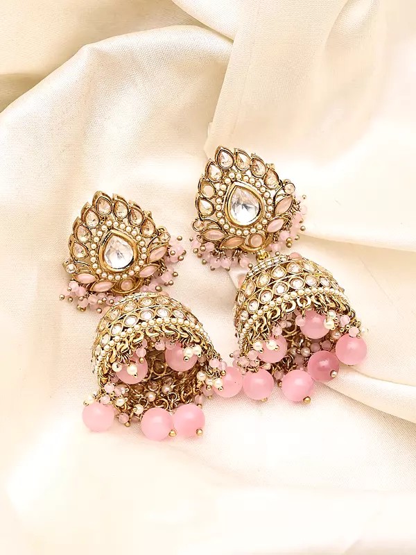 Pink Kundan Jhumka Earrings with Bead Drops