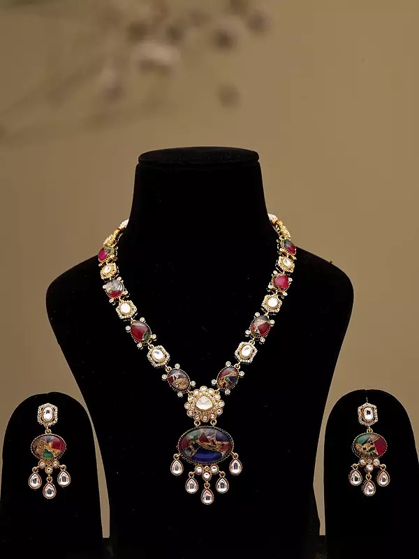 Multicolor Mosaic Stone Statement Necklace Set with Earrings