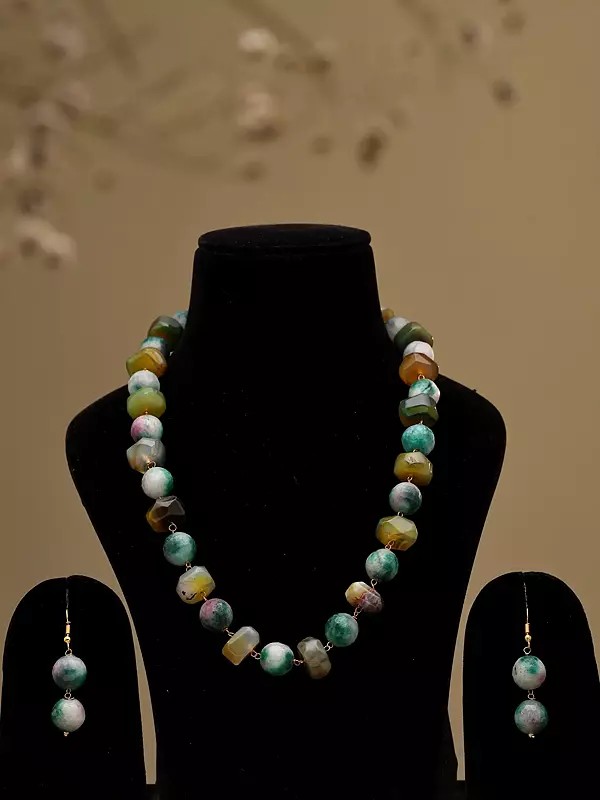 Mist Green Stone Beaded Necklace with Double Bead Drop Earrings